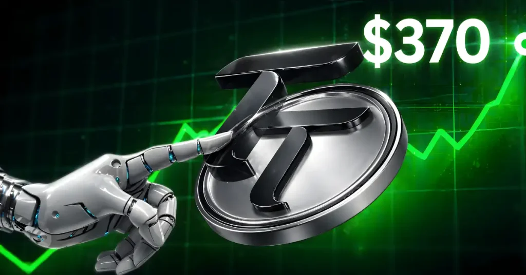 Bittensor (TAO) logo on a gold coin with a rising green candlestick chart and a $370 price target on a dark blue digital background.