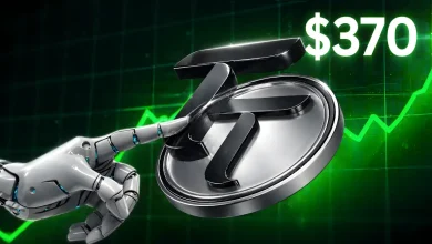 Bittensor (TAO) logo on a gold coin with a rising green candlestick chart and a $370 price target on a dark blue digital background.