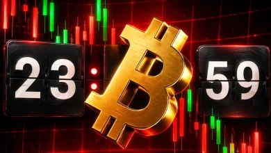 A 3D golden Bitcoin symbol in front of a flip-clock timer showing 23:59, set against a dark background with red and green bearish candlestick patterns.