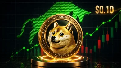 A gold Dogecoin (DOGE) coin featuring the Shiba Inu mascot, positioned in front of a green bullish candlestick chart and a $0.10 price target indicator.