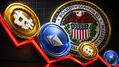 Bitcoin and Ethereum coins sliding down a glowing red bearish trend line in front of the United States Federal Reserve Board of Governors seal.