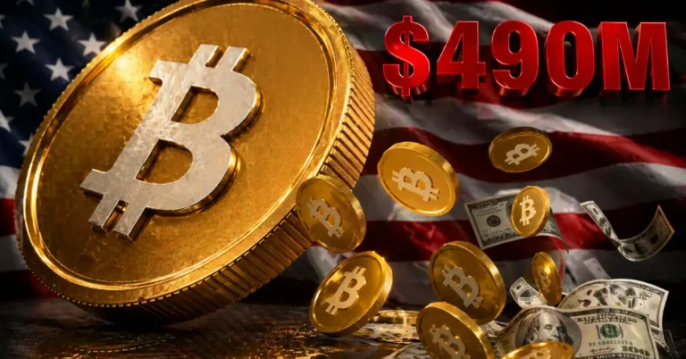 A large gold Bitcoin coin leaning against smaller BTC coins and falling US dollar bills, with a bold red "$490M" text overlay and a waving American flag in the background.