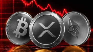 Silver Bitcoin, XRP, and Ethereum coins lined up in front of a glowing red bearish candlestick chart showing a sharp market decline.