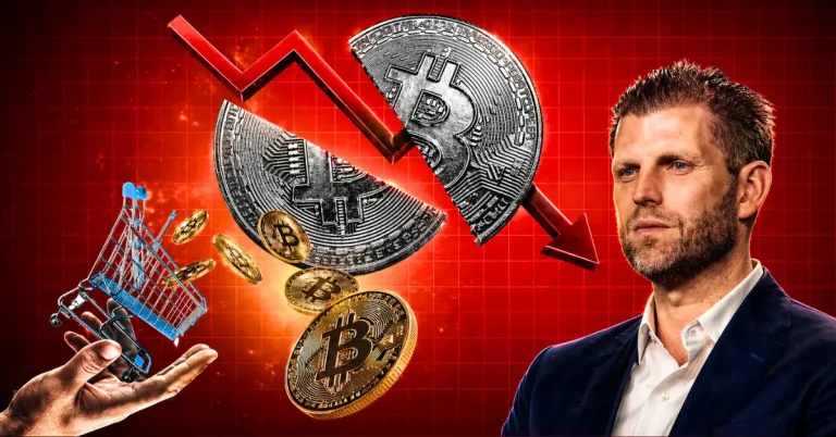 Eric Trump alongside a graphic of the US government's 300,000 BTC holdings and a sovereign accumulation trend, illustrating the decision not to sell Bitcoin.