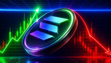 Federal Reserve Chair Jerome Powell looking over glasses next to Bitcoin and Ethereum coins, with a "RATES UNCHANGED" sign and a falling red market graph.