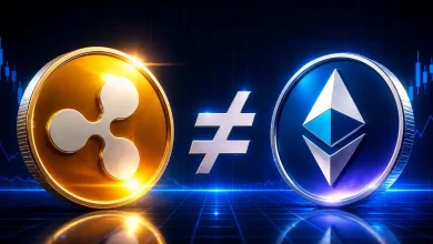 A golden XRP coin and a silver-blue Ethereum coin separated by a large silver "not equal" symbol on a dark digital trading grid background.