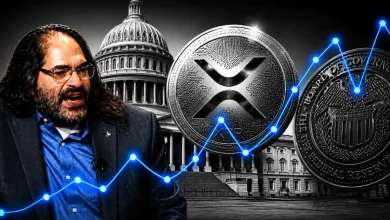 Ripple CTO David Schwartz speaking next to a large silver XRP coin, the Federal Reserve seal, and the U.S. Capitol building, overlaid with a glowing blue price line graph.