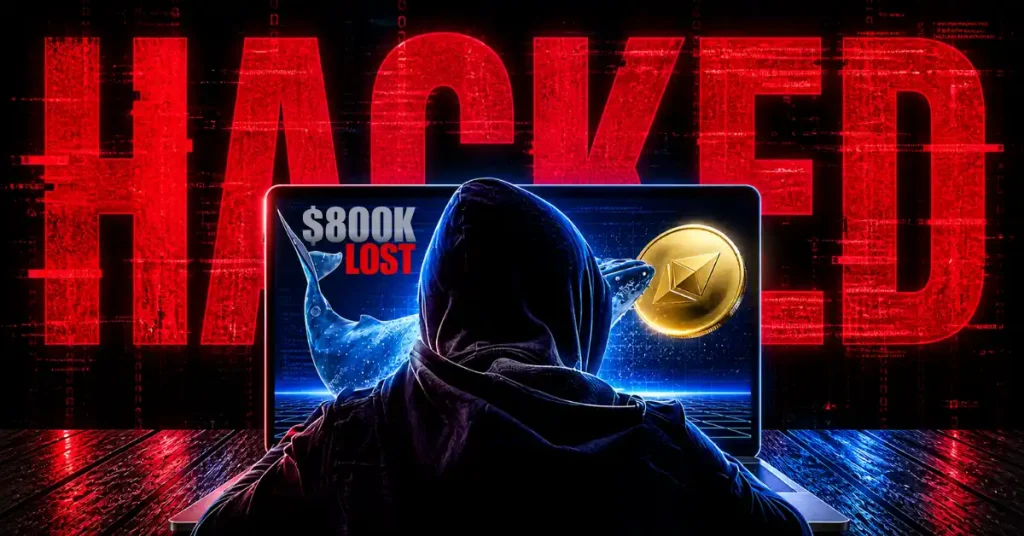 A hooded hacker sitting in front of a laptop showing a "Hacked" warning, a crypto whale, and an Ethereum coin with text overlay "$800K Lost."