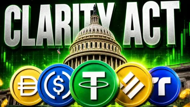 Digital graphic featuring the US Capitol building and major stablecoins like Tether, USDC, and DAI under the bold text "CLARITY ACT" against a green financial chart background.