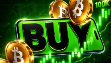 A vibrant green "BUY" button surrounded by golden Bitcoin coins and a bullish candlestick chart showing a "100K" price target.