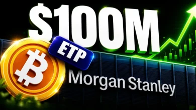 A Bitcoin coin and an "ETP" badge positioned in front of a Morgan Stanley building, featuring a large "$100M" text overlay and a rising green growth arrow.