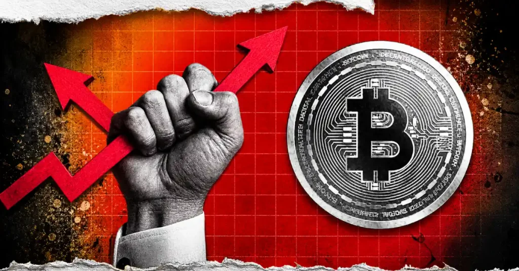 A grayscale clenched fist gripping a rising red jagged arrow next to a silver Bitcoin coin on a textured red grid background.