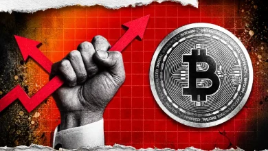 A grayscale clenched fist gripping a rising red jagged arrow next to a silver Bitcoin coin on a textured red grid background.