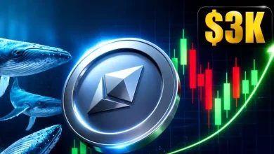 A glowing silver Ethereum coin surrounded by swimming blue "whales" and a bullish candlestick trading chart with a prominent "$3K" price target.