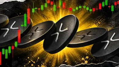 A line of black textured XRP coins falling or cascading against a bright golden light burst and a green and red candlestick trading chart.