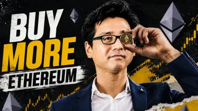 Tom Lee holding a physical Ethereum coin over his eye next to text that reads "BUY MORE ETHEREUM".