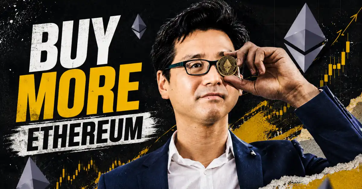 Tom Lee holding a physical Ethereum coin over his eye next to text that reads "BUY MORE ETHEREUM".