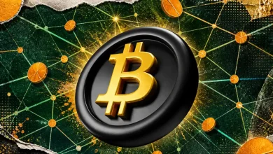 A prominent 3D golden Bitcoin logo on a black medallion, centered over a green digital network grid with connected nodes and orange coin accents.
