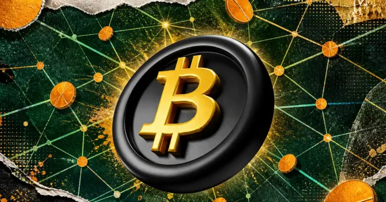 A prominent 3D golden Bitcoin logo on a black medallion, centered over a green digital network grid with connected nodes and orange coin accents.