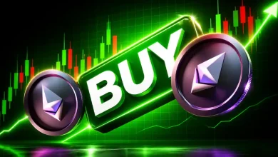A glowing green "BUY" button flanked by two Ethereum coins against a backdrop of a rising green candlestick trading chart and bullish growth arrow.