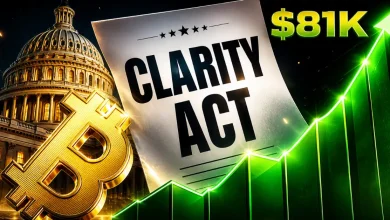A golden Bitcoin symbol in front of the US Capitol building, a document labeled "CLARITY ACT," and a rising green line graph reaching "$81K."