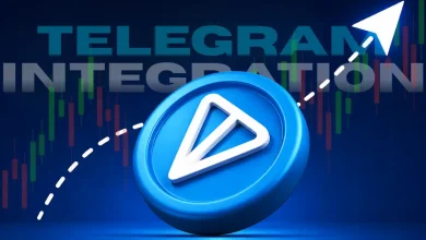 A 3D blue Toncoin (TON) token centered in front of bold "TELEGRAM INTEGRATION" text and a bullish candlestick trading chart with a rising white arrow.