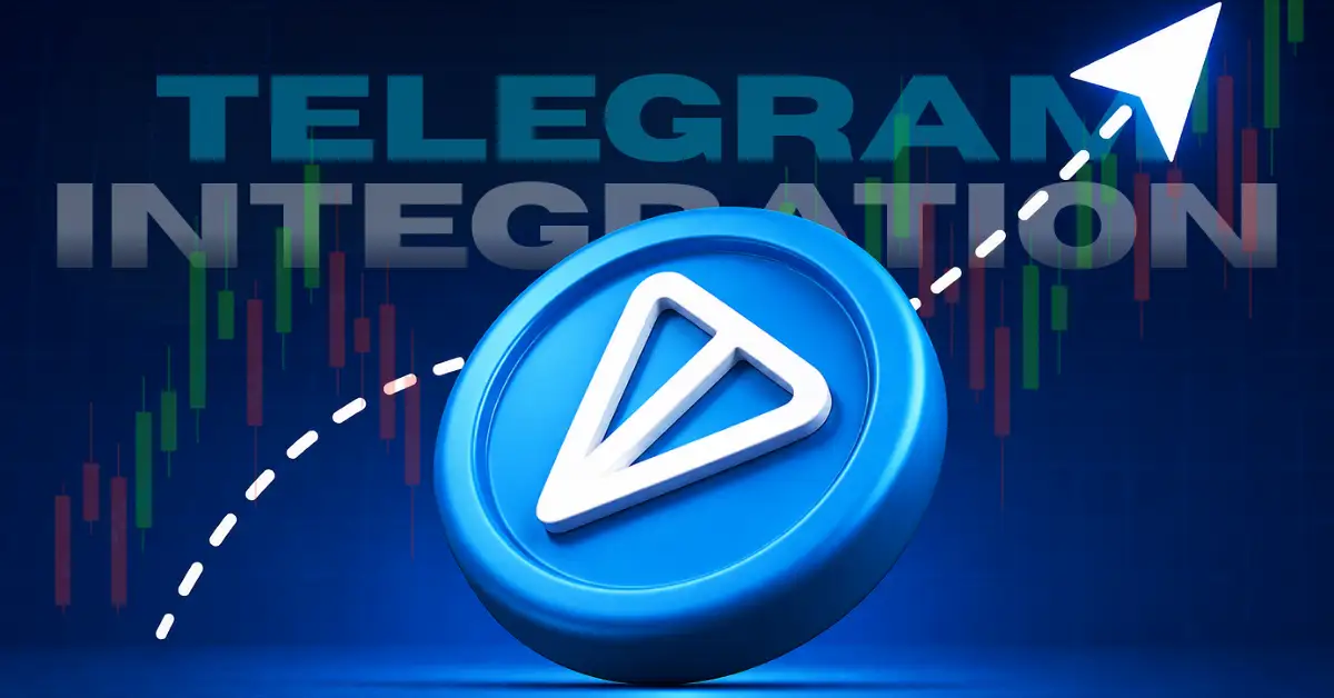 A 3D blue Toncoin (TON) token centered in front of bold "TELEGRAM INTEGRATION" text and a bullish candlestick trading chart with a rising white arrow.