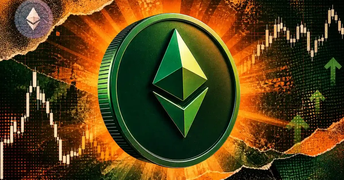 A 3D green Ethereum coin centered against a dramatic orange and black light burst background with rising candlestick charts and bullish green growth arrows.