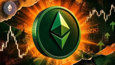 A 3D green Ethereum coin centered against a dramatic orange and black light burst background with rising candlestick charts and bullish green growth arrows.