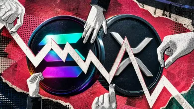 A colorful Solana coin and a silver XRP coin positioned behind a jagged white line graph being manipulated by several illustrated hands on a red textured background.