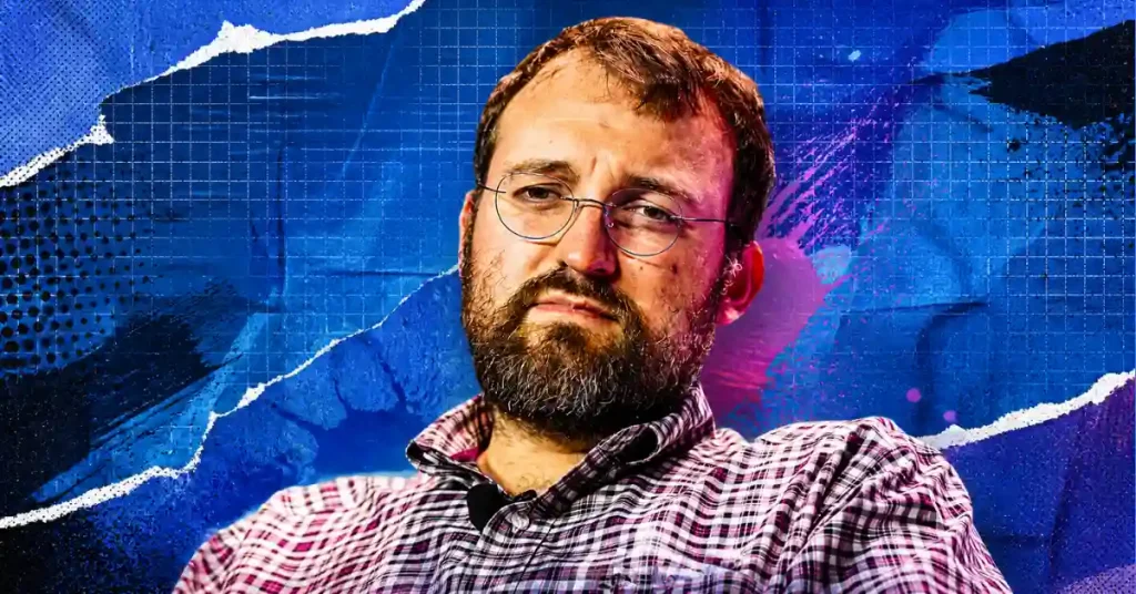 A portrait of Cardano founder Charles Hoskinson in a plaid shirt and glasses against a vibrant blue and purple abstract background with a torn-paper effect.