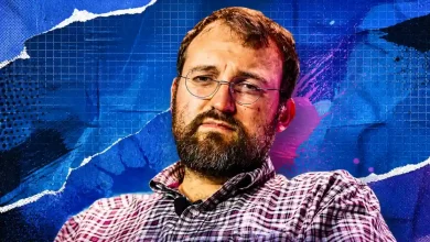 A portrait of Cardano founder Charles Hoskinson in a plaid shirt and glasses against a vibrant blue and purple abstract background with a torn-paper effect.
