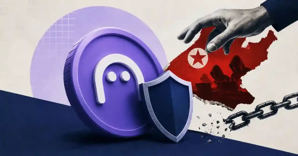 A purple cryptocurrency token protected by a blue shield, positioned against a background showing a hand reaching toward hooded hackers and a red map of North Korea.