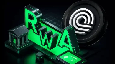 3D glowing green "RWA" text next to a silver Ondo Finance (ONDO) token and a miniature bank icon on a dark digital background.