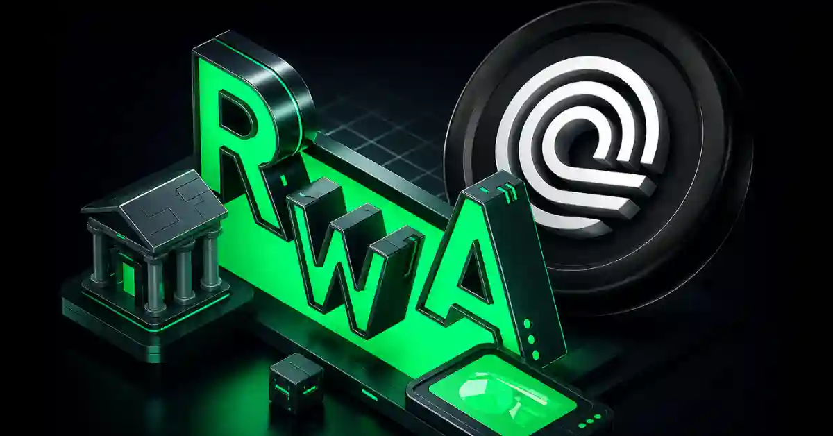 3D glowing green "RWA" text next to a silver Ondo Finance (ONDO) token and a miniature bank icon on a dark digital background.