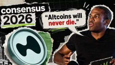 Arthur Hayes speaking next to a speech bubble saying "Altcoins will never die," with a "Consensus 2026" headline and a silver Ethena (ENA) token.