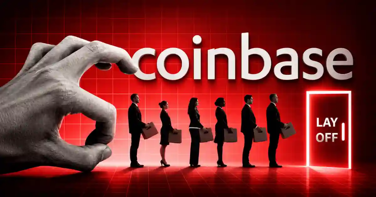 A giant hand flicking a line of office workers carrying boxes toward a glowing red door labeled "LAY OFF" in front of a large Coinbase logo.