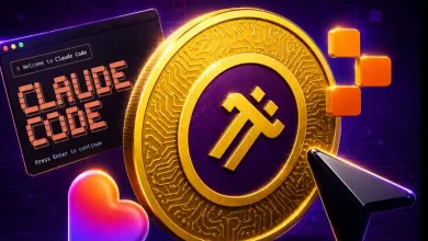 A large gold Pi Network coin centered next to a terminal window displaying "Welcome to Claude Code," with floating orange blocks and a cursor on a purple digital background.