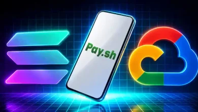 A smartphone displaying the "Pay.sh" logo positioned between a glowing neon Solana symbol and the Google Cloud logo on a blue digital grid background.