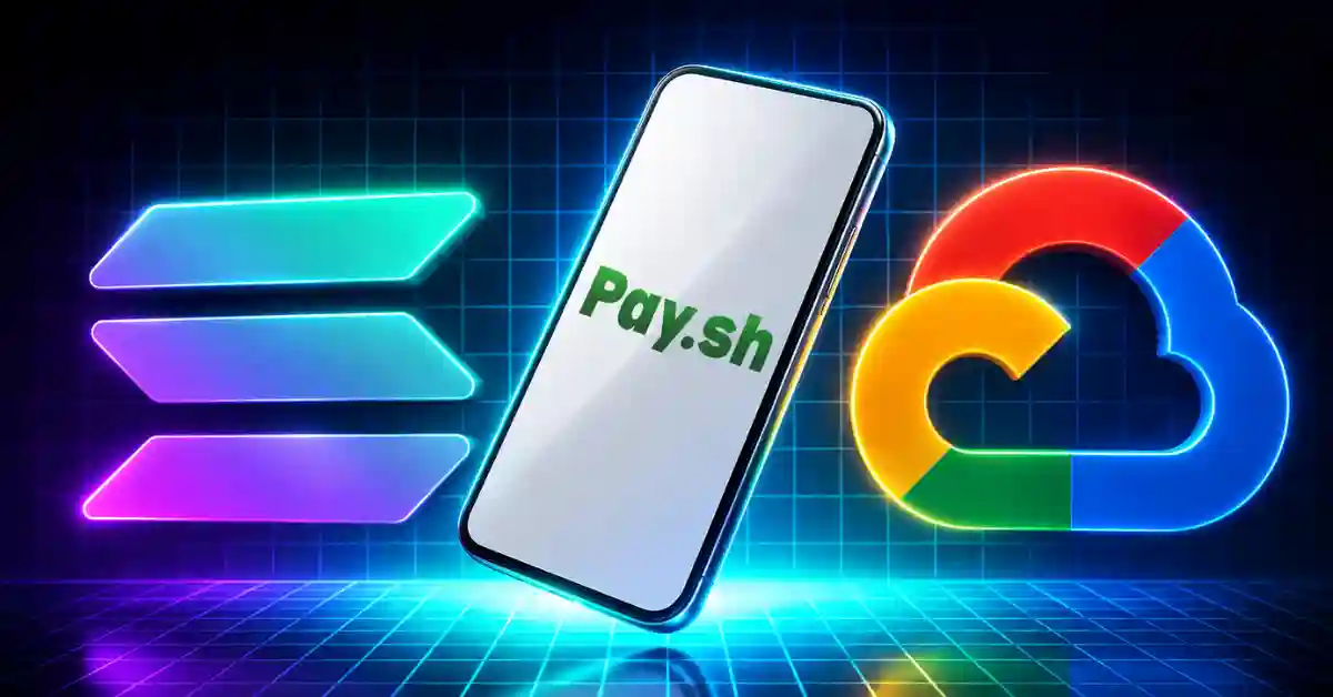 A smartphone displaying the "Pay.sh" logo positioned between a glowing neon Solana symbol and the Google Cloud logo on a blue digital grid background.