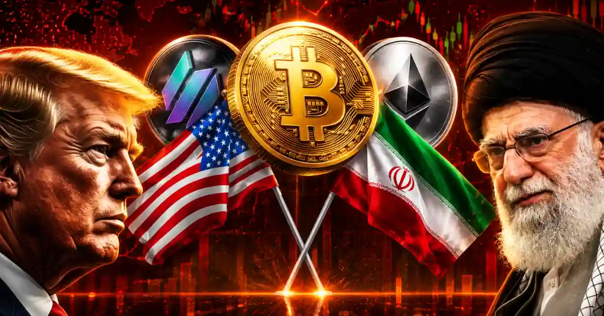 A digital collage featuring Donald Trump and Ali Khamenei facing each other with the US and Iranian flags, centered around a large golden Bitcoin, Ethereum, and Solana coins.