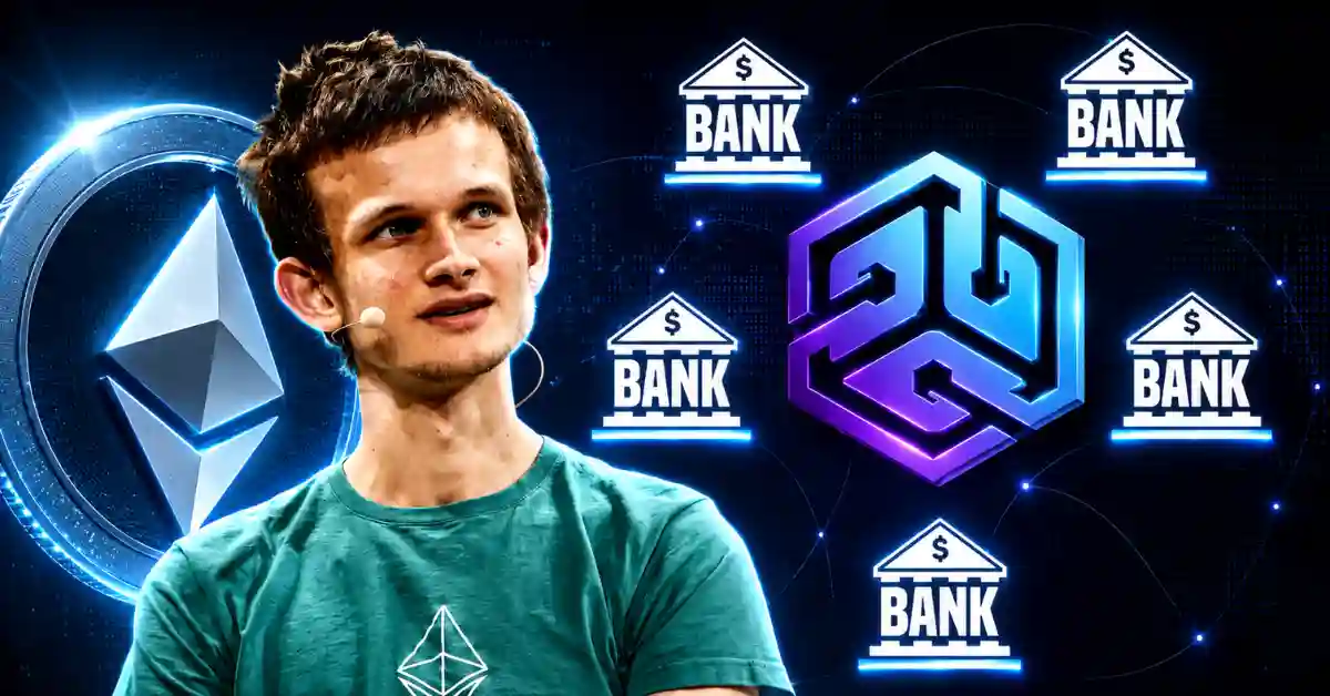 Ethereum co-founder Vitalik Buterin speaking in front of a digital backdrop featuring glowing bank icons and a geometric blockchain logo.