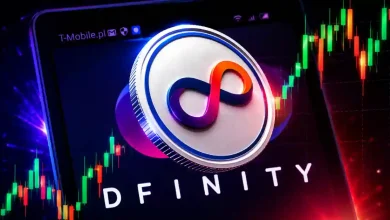 A silver DFINITY (ICP) infinity symbol coin displayed on a smartphone screen against a background of rising green and red candlestick trading charts.