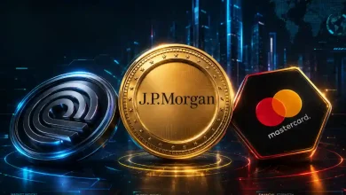 A 3D gold XRP coin centered between the JPMorgan Chase, Mastercard, and Ondo Finance logos on a dark, blue-lit digital grid background.