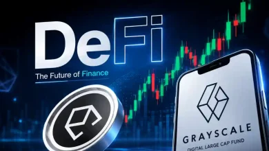 A silver Ethena (ENA) token centered between the Grayscale Investments logo and a bullish green candlestick trading chart with a rising growth arrow.