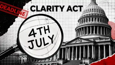 A visual collage featuring the White House, an official document titled "CLARITY Act," and a calendar marked "JULY 4" over a red and white background.