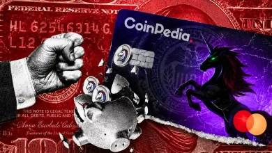 A dark blue 1inch crypto debit card featuring a black unicorn silhouette and Mastercard logo, with 1inch tokens spilling out of a broken piggy bank next to a clenched fist.