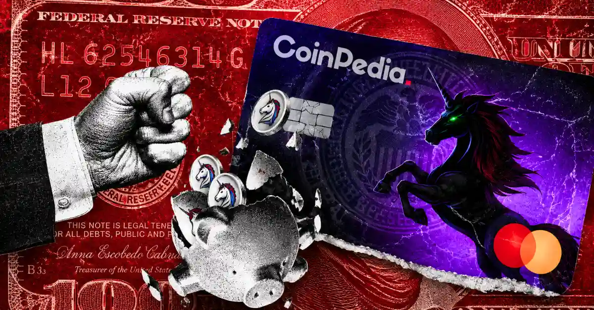 A dark blue 1inch crypto debit card featuring a black unicorn silhouette and Mastercard logo, with 1inch tokens spilling out of a broken piggy bank next to a clenched fist.