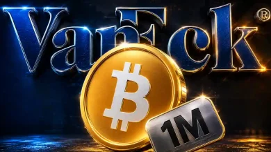 A gold Bitcoin (BTC) coin positioned next to a large VanEck logo and a bullish green candlestick trading chart with a 1,000,000 price target.