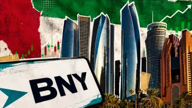 The BNY Mellon logo next to a gold Bitcoin coin and the Abu Dhabi skyline, featuring the Sheikh Zayed Grand Mosque on a digital blue background.